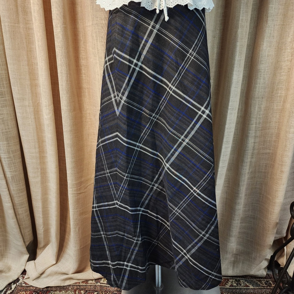 Plaid A-Line Maxi Skirt in Black and Blue